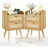 EOLULIG Rattan Nightstands Set of 2, Boho Bedside Table with 2 Drawers | Rattan Nightstand with Charging Station, Open Storage End Tables for Bedroom, Small Spaces and Dorm, Solid Wood Legs, Natural