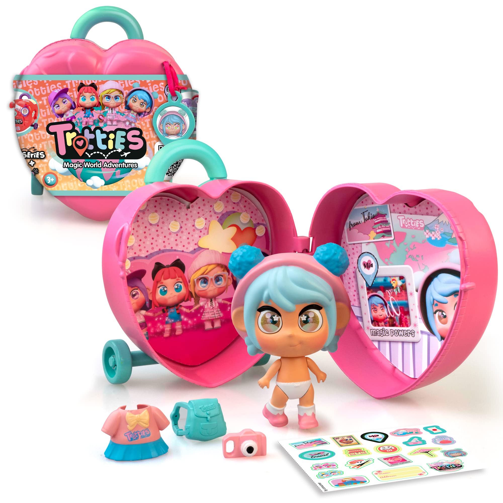 Trotties Mini Mia with Trolley and Small Suitcase, 1 Doll with Clothes and Accessories, 2 Background Scenarios and Stickers, Store and Take Anywhere, 4 Models, 3 Years and Above