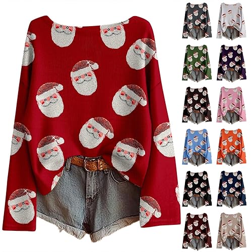 Womens Christmas Jumper, Christmas Jumpers for Women UK, Xmas Pattern Print Long Sleeve Crewneck Crop Sweaters, Ladies Elegant Soft Pullover Tops, Plus Size Sweatshirt, Casual Comfort Light Clothes