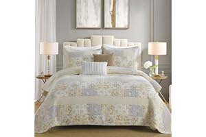 DDUOXIN Oversized King Quilt (120"x120") - 100% Cotton Reversible Floral Quilted Bedspread with 2 Pillow Shams, Farmhouse Lightweight Bedspreads Coverlet Sets, Beige, King/Cal King