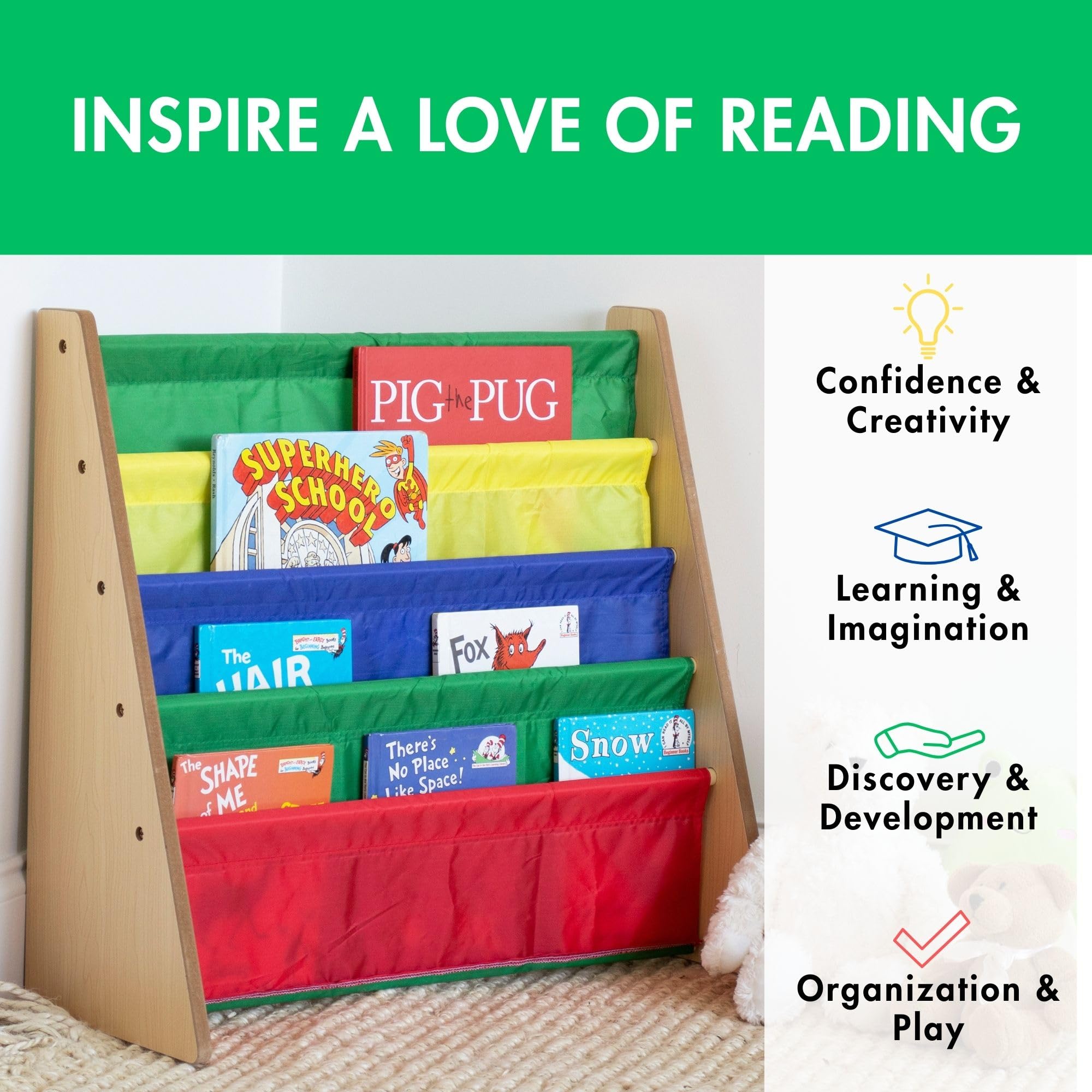 Humble Crew 4-Tier Kids Bookshelf, Natural Wood/Primary - Premium Book Shelf for Kids Rooms with Four Deep Pockets - Toddler Sling Book Rack with Deep Sleeves, Nursery Bookcase Organizer