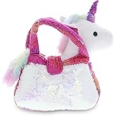 DolliBu Pink Unicorn Plush Reversible Sequin Pet Carrier Handbag, White Sparkle Soft Stuffed Animal Carrier Toy Purse for Little Girls, Cute Toddler Girl's Pretend Play 9 Inch