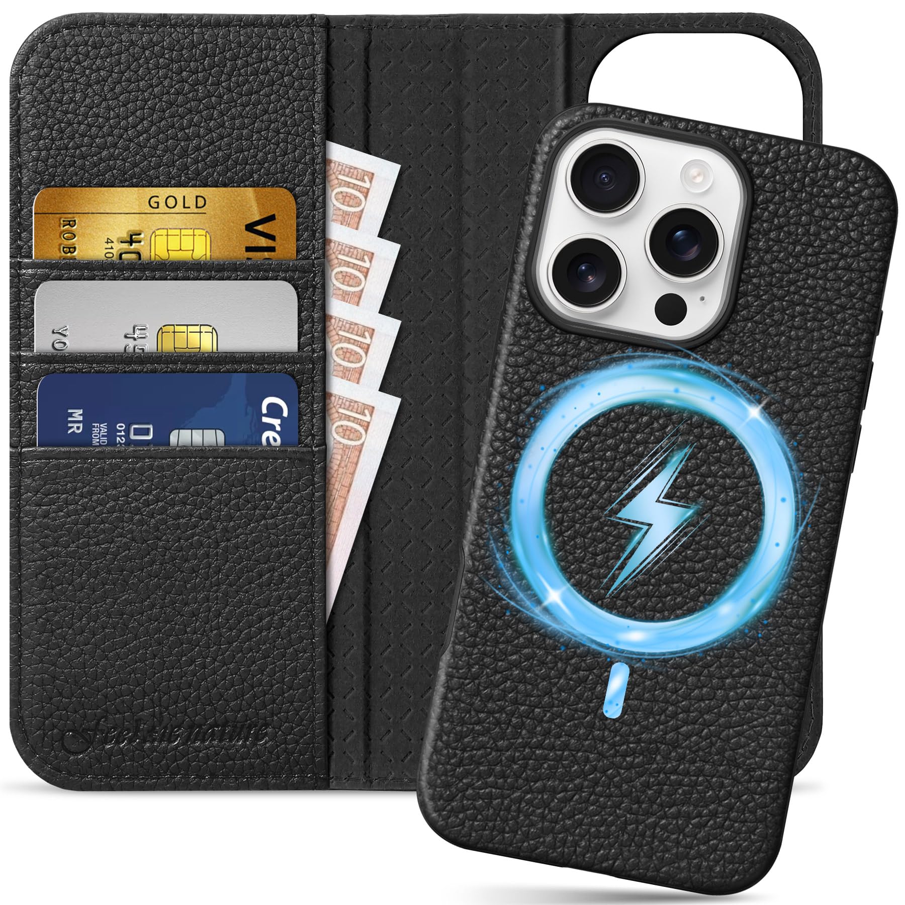 SHIELDON Case for iPhone 16 Pro 5G 6.3", Genuine Leather 2 in 1 Detachable Wallet [3 Card Slots[Kickstand][RFID Blocking] Magnetic Wireless Charging Cover Compatible with iPhone 16 Pro - Pebbled Black