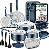NutriChef Professional 20 Pc Pots and Pans Set Non Stick in Navy Blue - Includes Bakeware & Utensils, Induction Ready, Easy C