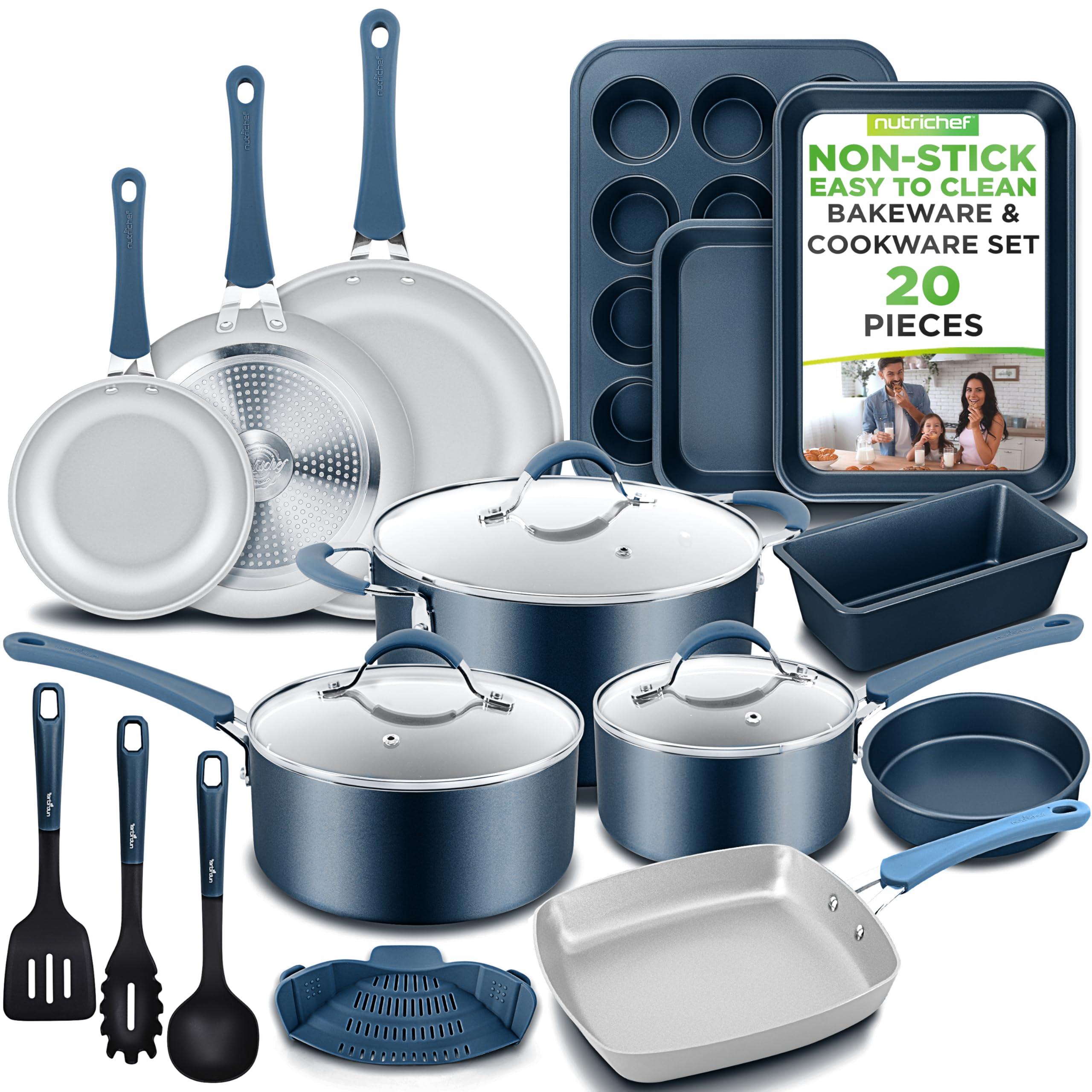 NutriChef Professional 20 Pc Kitchen Set in Navy Blue - Durable Non-Stick Pots and Pans with Bakeware, Compatible with Any Cooktop, Easy Clean Image