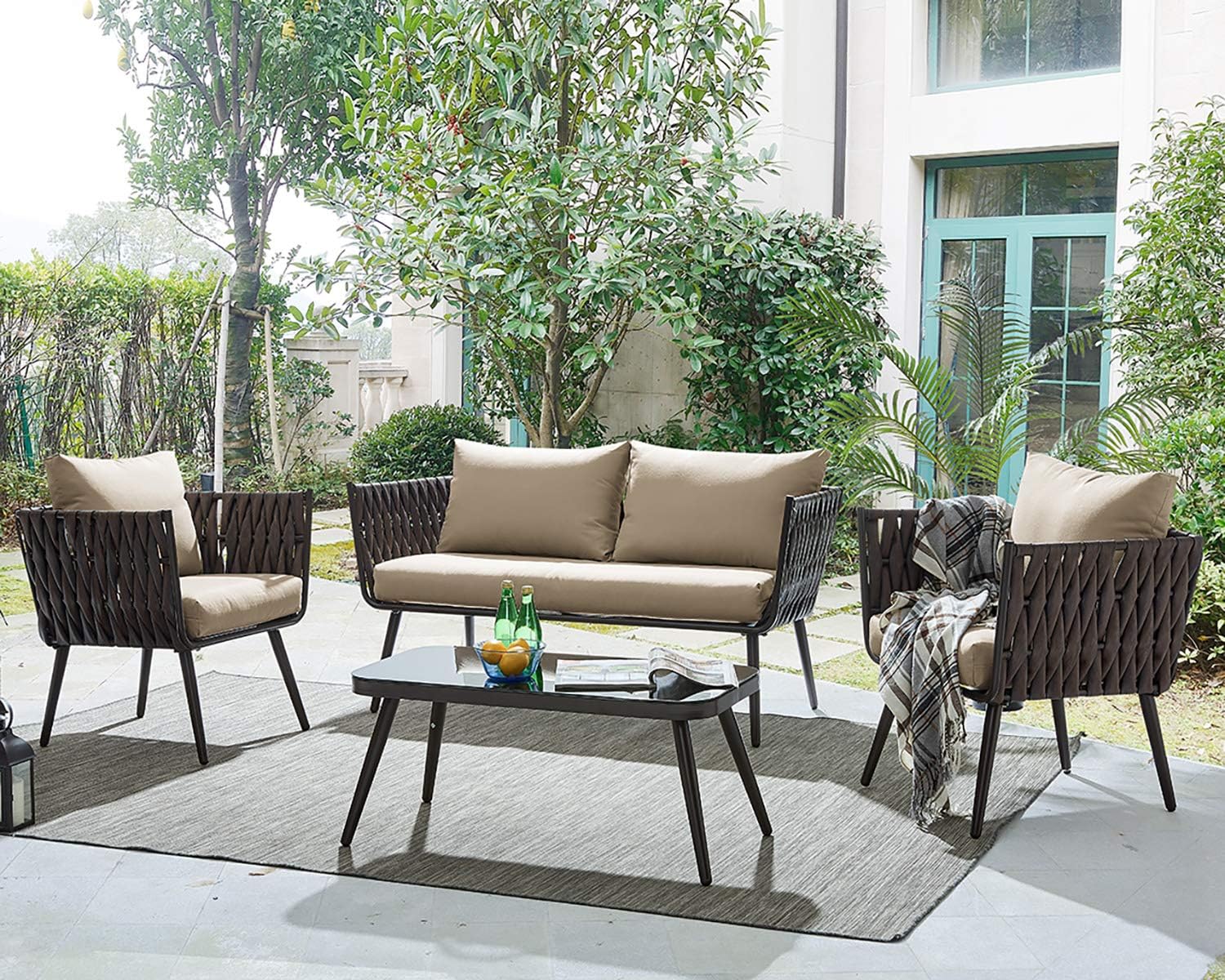 Amazon Com Barton 4pcs Patio Sofa Set Outdoor Furniture Set Pe Rattan Wicker Thick Cushion Outdoor Garden Sofa Furniture W Coffee Table Bistro Sets Garden Outdoor
