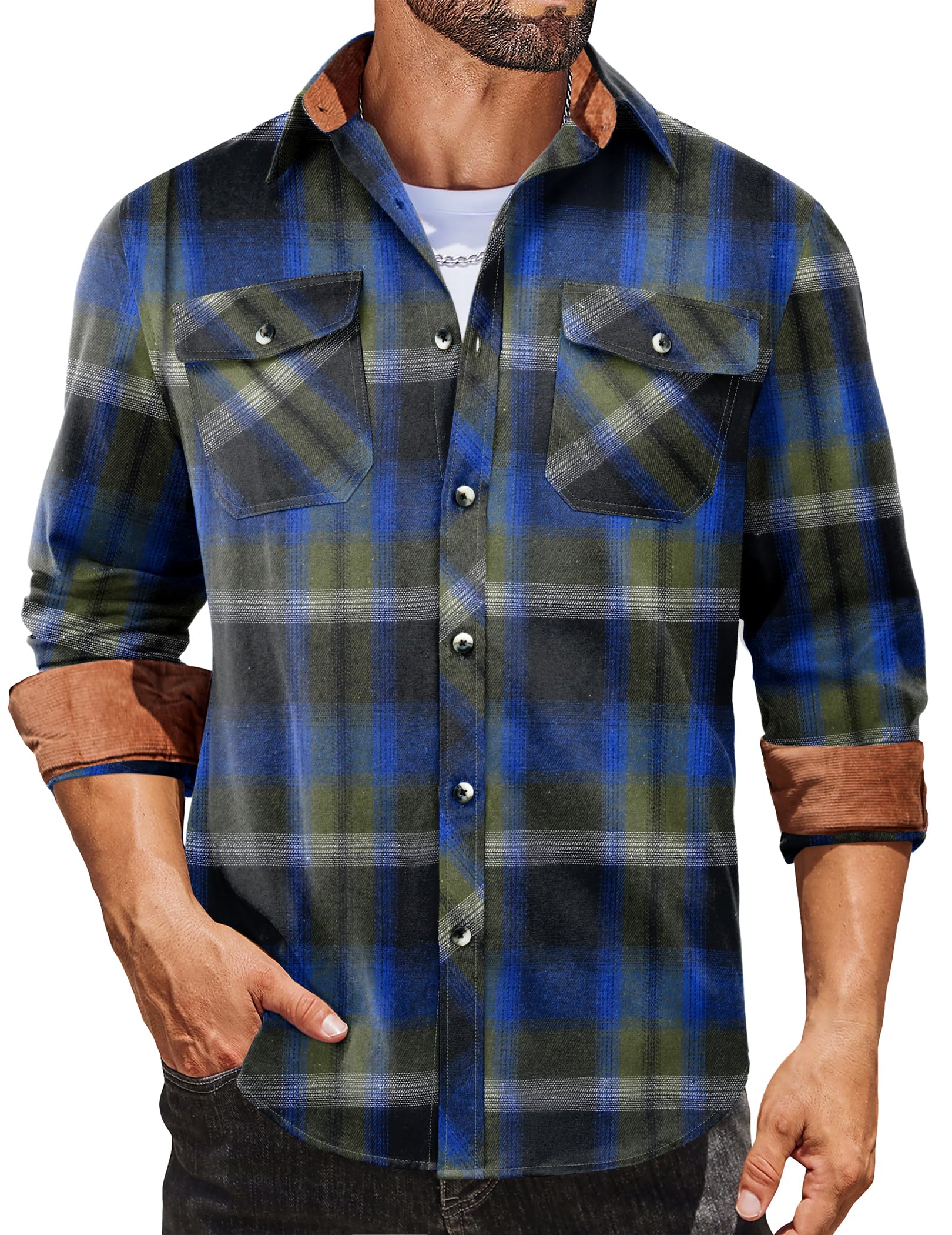 COOFANDY Men's Fall Plaid Button Down Shirt Long Sleeve Casual Cowboy Work Shirts Lightweight Flannel Shirts Two Pocket