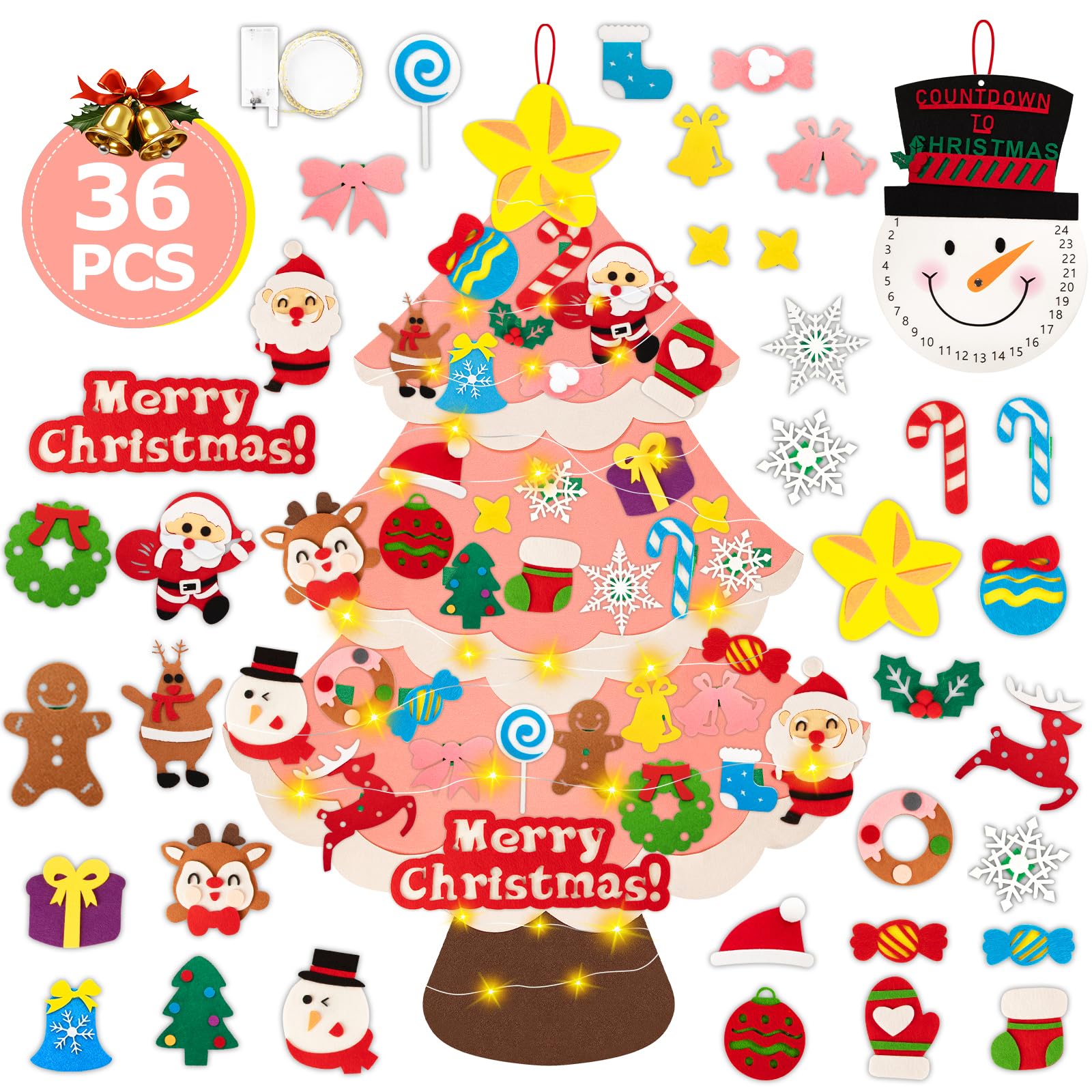 Lanpn DIY Felt Christmas Tree Set for Kids, 102 cm Lighted Xmas Tree with 36pcs Advent Calendar Snowman Christmas Ornaments, Indoor Window Wall Hanging Decorations Xmas Gift for Children Toddler Kids — image 1