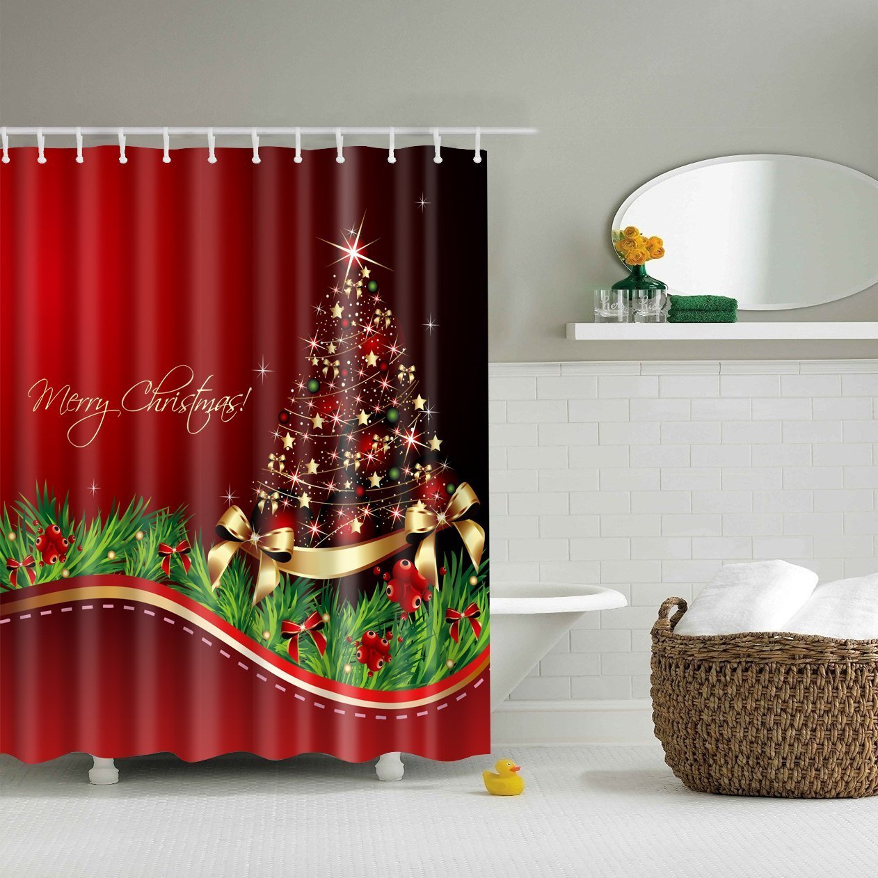 Holiday Christmas Tree Shower Curtain Waterproof Sets Merry