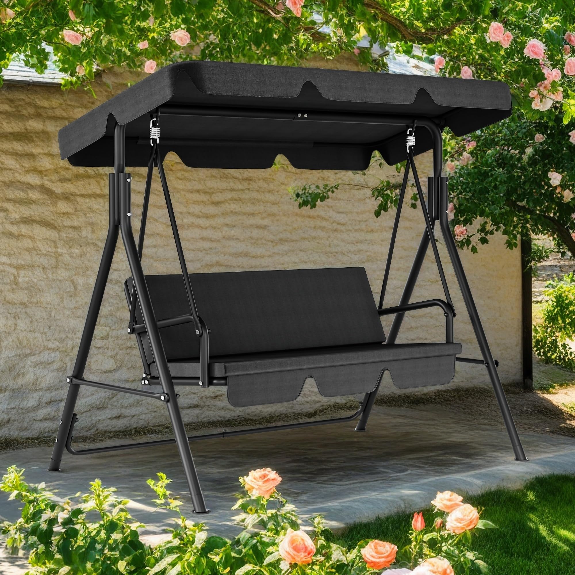 Photo 1 of [missing parts and screws] DWVO Porch Swing 3 Seat Porch Swing Patio Swing with Adjustable Canopy Outside Swing Bench, Removable Cushion, Suitable for Garden, Balcony, Backyard, Poolside, Black