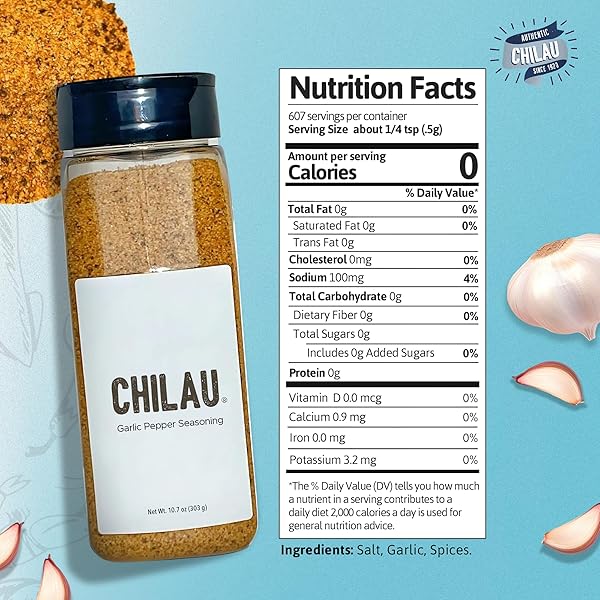 CHILAU | GARLIC PEPPER SEASONING – SEASONED SALT FOR CHICKEN, SEAFOOD, MEATS, AND VEGGIES – INFUSED WITH SEA SALT, GROUND GARLIC, CHILI PEPPERS, AND SPICES – VERSATILE FLAVOR BOOSTER – 10.7OZ