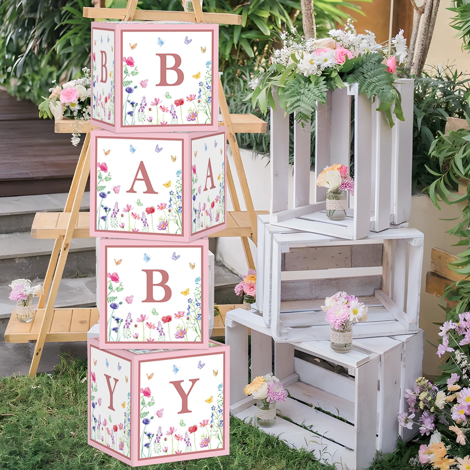 Photo 1 of Wildflower Baby Decorations for Girl - Floral Baby Boxes with Letters, 4pcs Balloon Boxes, Blocks for Gender Reveal, Birthday Party Backdrop, Centerpieces - Pink