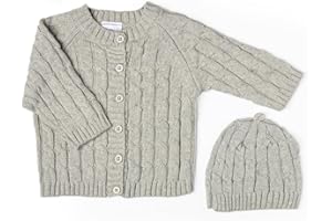 Baby Mode Signature Grey Cable-Knit Cardigan and Beanie, Size 0 to 3 Months