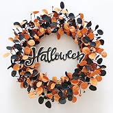 TOKCARE Halloween Wreath for Front Door with Pumpkins Berries and Wood Sign | 22 inch Black and orange Halloween door decor for indoor wall, window, entryway and party display