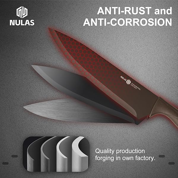 NULAS KNIFE SET, 8-PIECE KITCHEN KNIFE SET WITH UNIVERSAL BLOCK – ANTI-RUST CHEF KNIVES, ERGONOMIC DESIGN, DISHWASHER SAFE (BLACK)