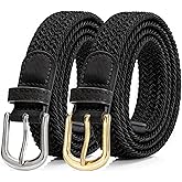 Alphyly Neries 2 Pack Braided Belt for Women, Elastic Woven Stretch Fabric Cloth Belt with Gold Buckle