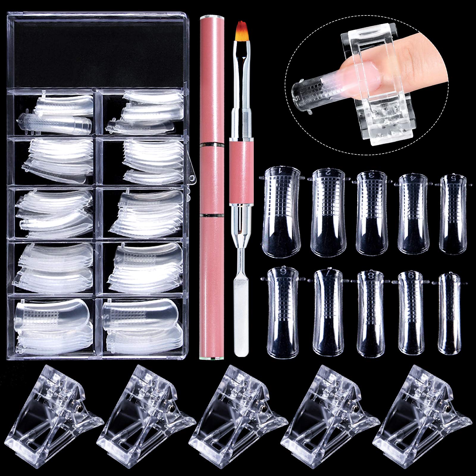 EBANKU 100PCS Nail Dual Forms Tips for Poly gel Set, Full Cover Gel Nail Extension Mold Tips & 1Pcs Poly gel Nails Brush & 5Pcs Dual Form Nail Clips