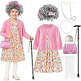 FUNCREVITY 100th Day School Costume for Girls Grandma Dress Up Set with Wig & Accessories