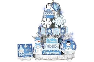 Menkxi 15 Pcs Winter Tiered Tray Decor Snowman Snowflake Tiered Tray Decorations Set Blue Rustic Farmhouse Wooden Signs Tabletop Centerpieces for Winter Holiday Party(Stylish)