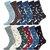 YEJIMONG Men's Cotton Dress Crew Socks 12 Pairs, Fun Patterned & Striped Casual Socks, Animal & Sports Designs, Size 9-12