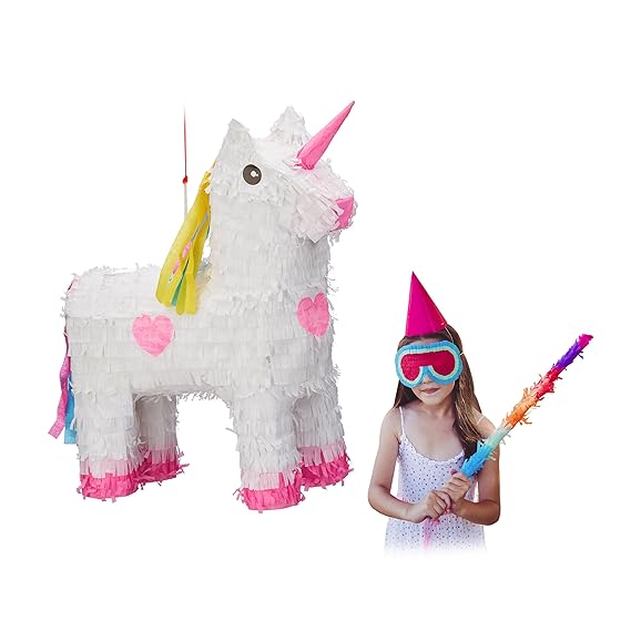Relaxdays Pinata Einhorn, zum Aufhängen, Kinder, Mädchen, Geburtstag, zum Befüllen, HxBxT: 47 x 43 x 13 cm, weiß-rosa