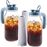 Mason Jar Pitcher With Stainless Steel Filter 64 OZ 2 Pack Wide Mouth Cold Brew Coffee Maker 2 Quart Glass water pitcher with lid Half Gallon Cold hot Tea maker For Lemonade Milk Juice Refrigerator