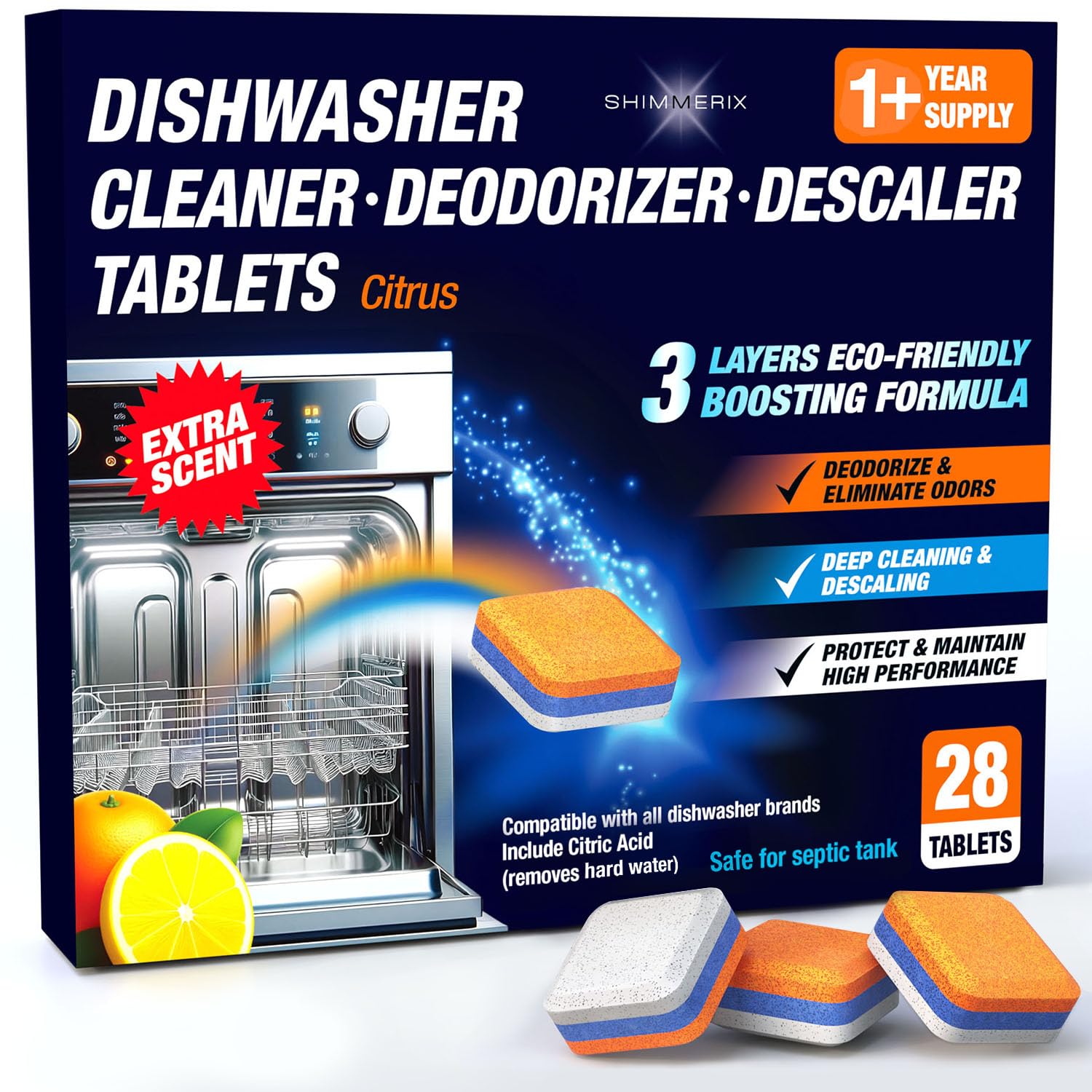 Dishwasher Cleaner Deodorizer Descaler Tablets - 28 Tabs - 1 Plus Year Supply - Extra Scented Deep Cleaning Sanitizer Pods - Remove Hard Water - Contain Citric Acid Heavy Duty Septic Safe - Citrus