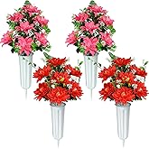 XONOR Artificial Cemetery Flowers, Artificial Grave Memorial Flowers with Vase for Cemetery Graveyard Decoration (Red Flowers Bouquets, Set of 4)