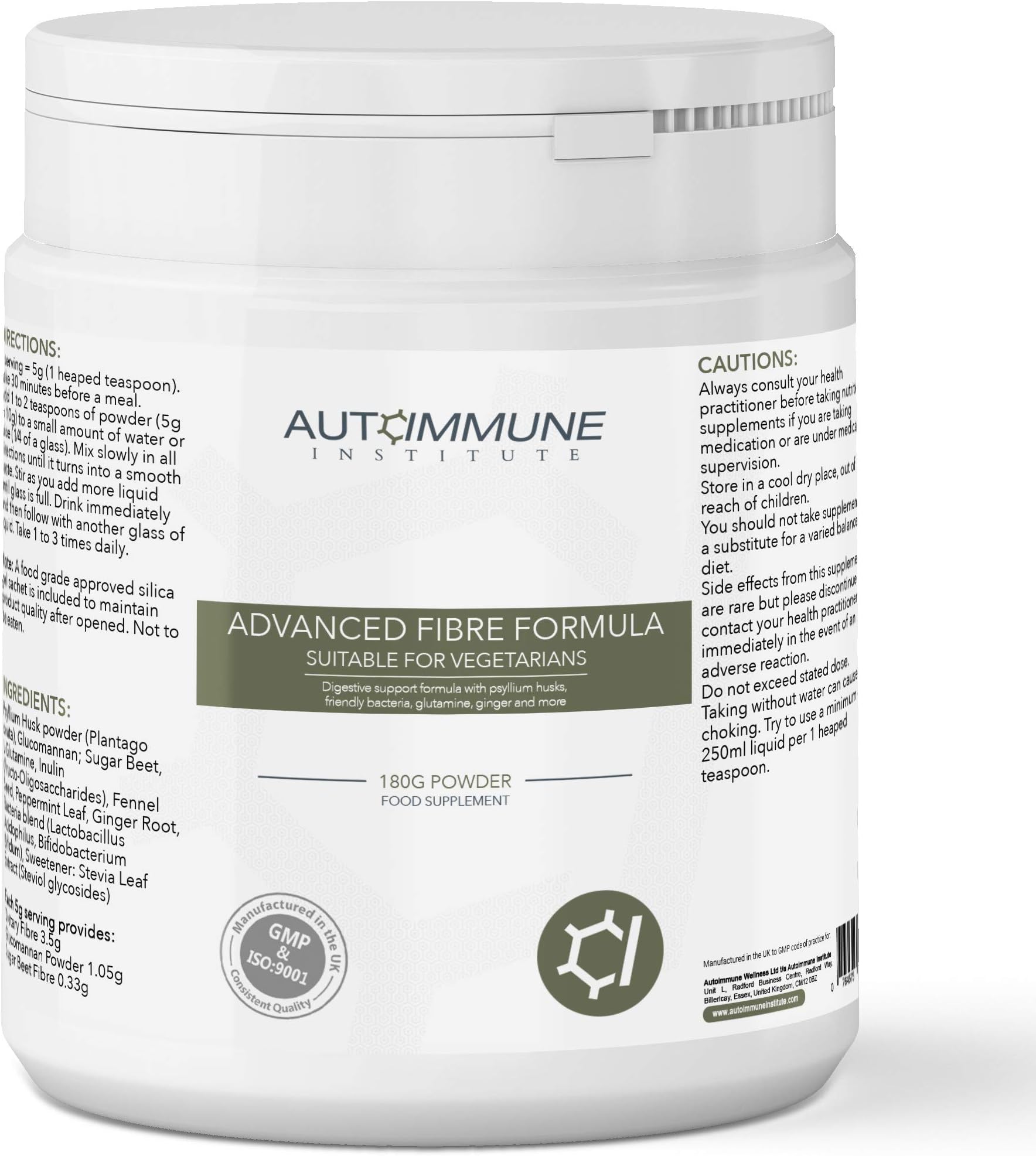 Advanced Fibre Formula. 180g Powder. Contains Fibre (Psyllium Husk Powder), Glucommanan, L-Glutamine, Fennel Seed, Peppermint Leaf, Ginger Root