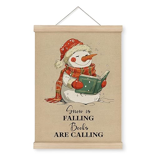 MAQIKA Vintage Christmas Snowman Poster Framed with Wood Hanger, Christmas Canvas Wall Art, Snowman Reading Book Hanging Wall Decor, Winter Canvas Wall Art Prints for Home Bedroom, 12x16 inch