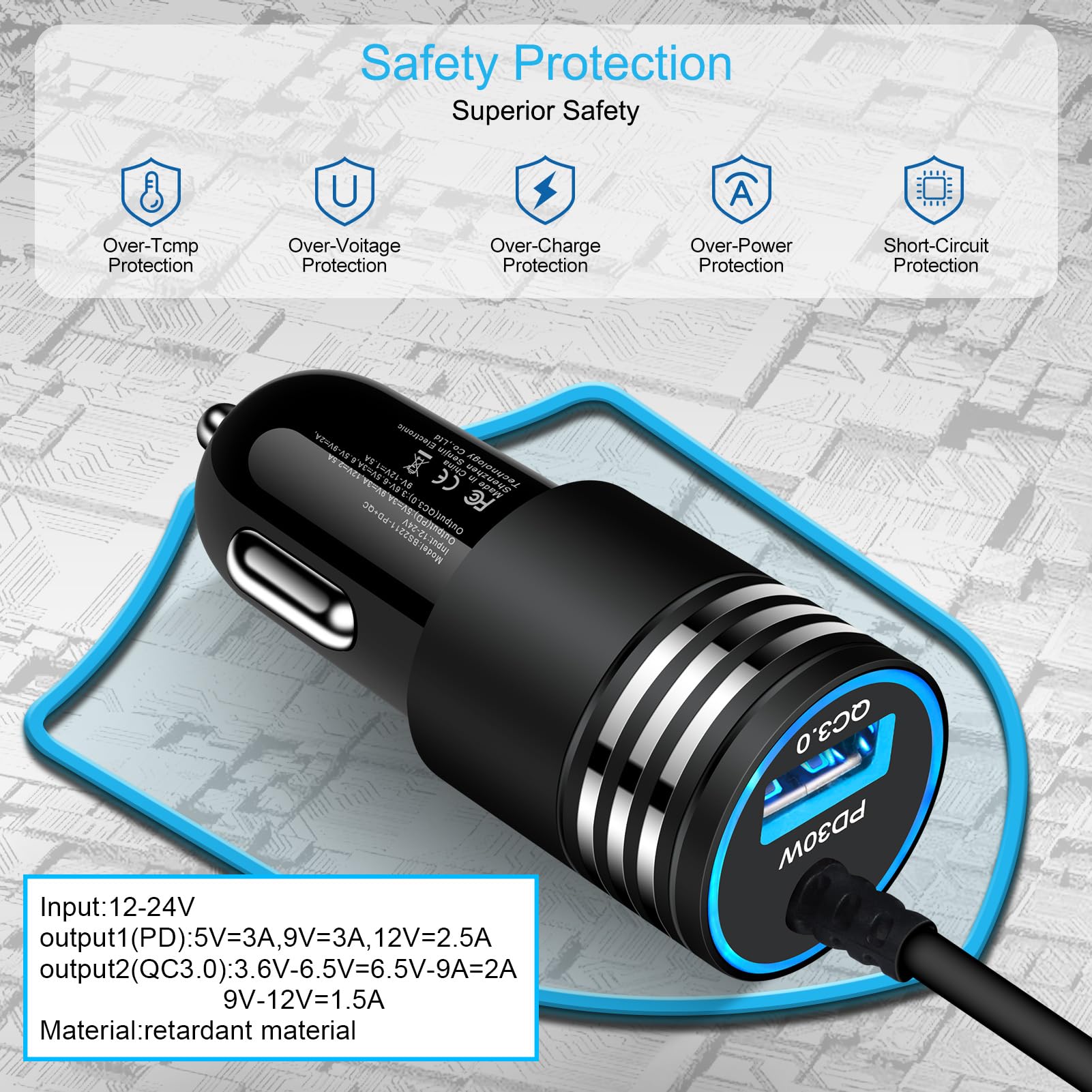 USB C Car Charger, 48W Super Fast Charging Type C Car Adapter for Samsung Galaxy S25 Ultra S24 S23 S22 S21 S20 A56 A36 A26 A16 A06, iPhone 16e 16 15 Pro Max Plus, Android Car Charger with USB C Cable