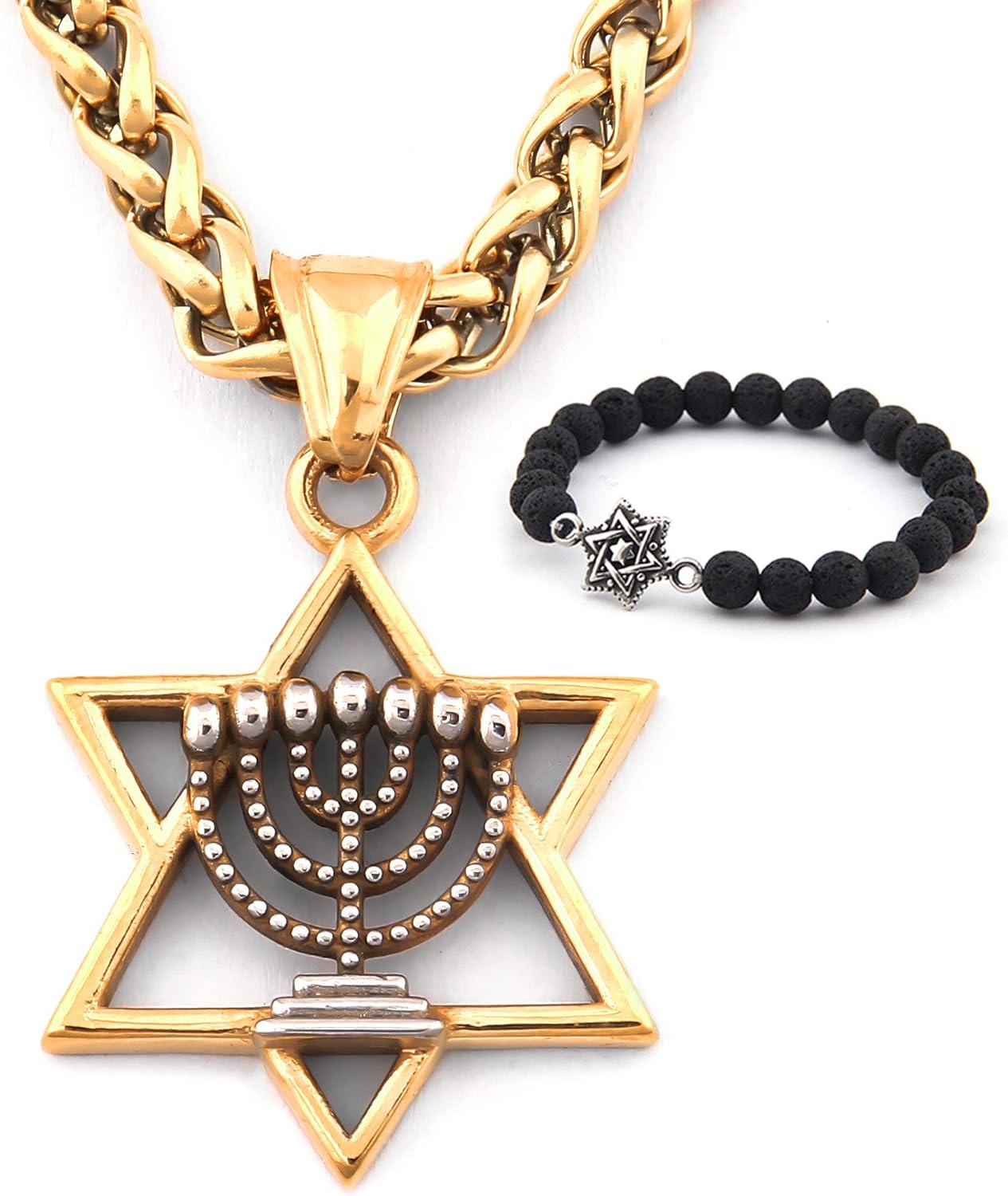 GUNGNEER Star Of David Menorah Necklace Stainless Steel Charm Keel
