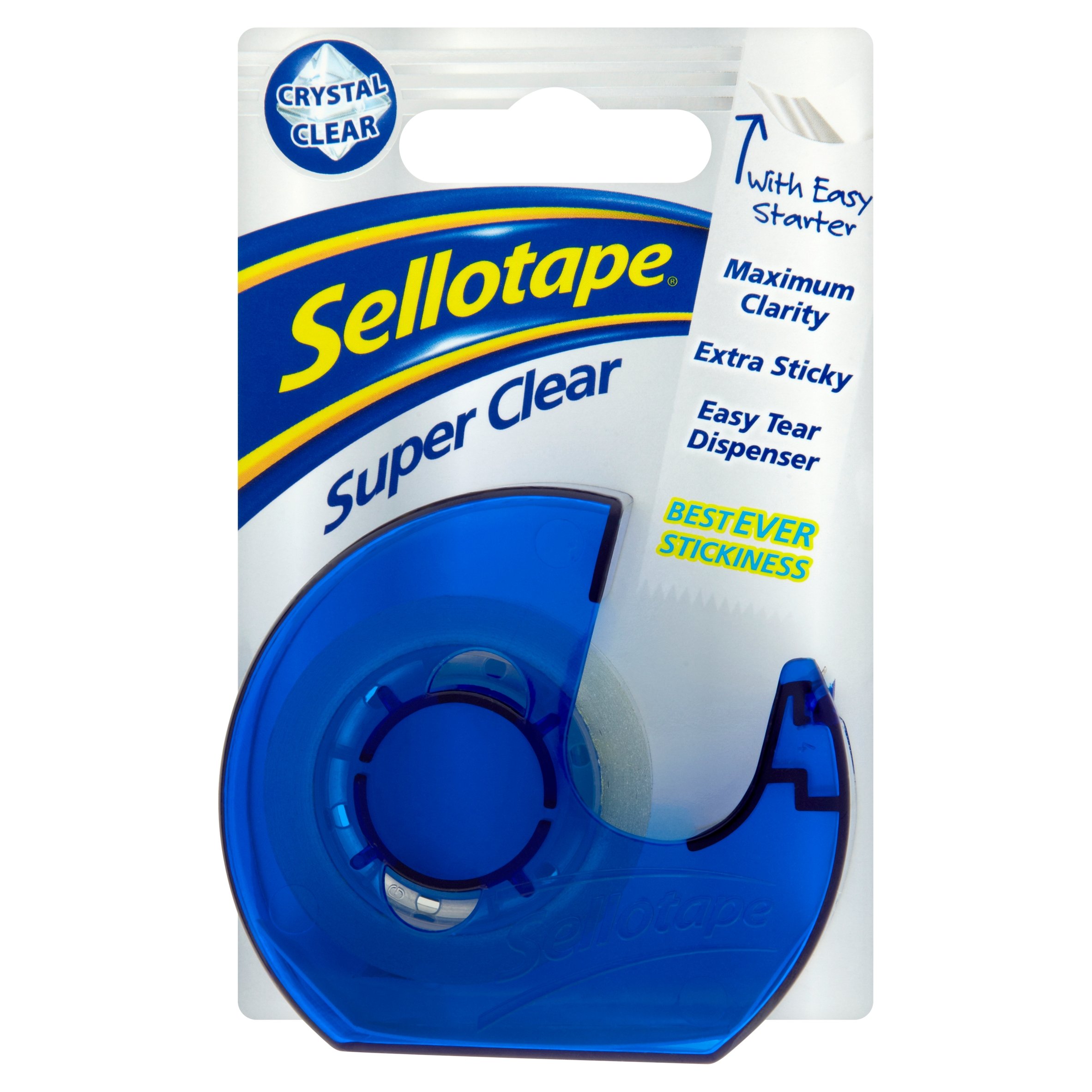 Sellotape Super Clear Tape with Easy Tear Dispenser, Extra Sticky & Maximum Clarity, 18mm x 15m
