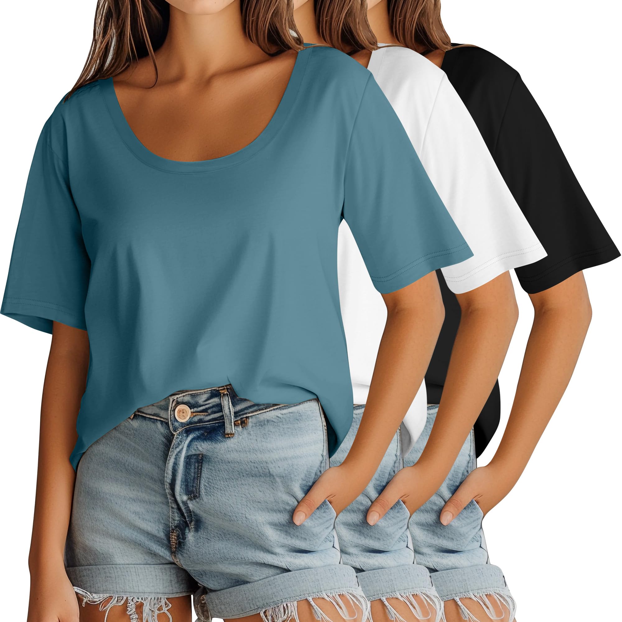 Photo 1 of ***SIMILAR ITEM ***Ficerd 3 Pack Scoop Neck Elbow Length Half Sleeve Tops for Women, 1/2 Sleeve Cotton T-Shirt Casual Summer Loose Basic Tees SIZE  M