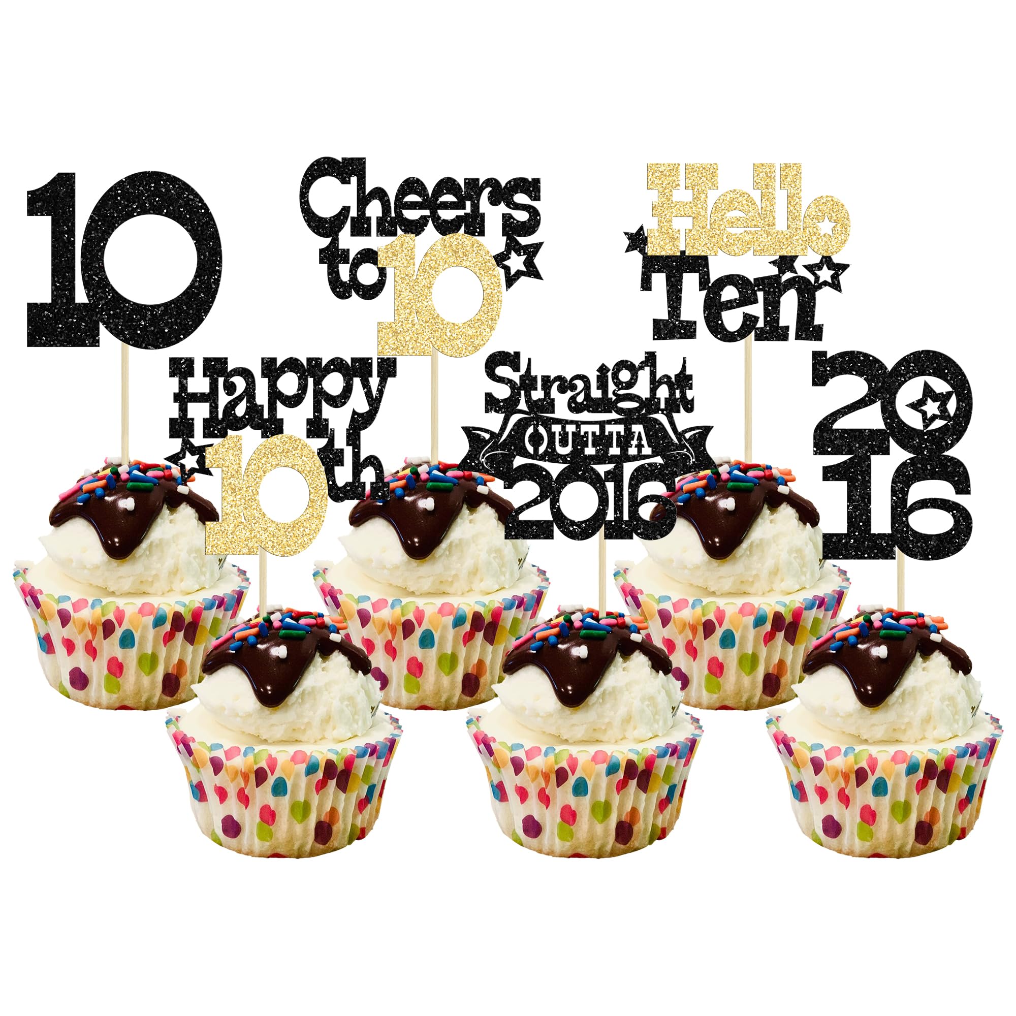 Ephlyn 30Pcs Straight Outta 2016 Cupcake Toppers Glitter Ten Happy 10th Birthday Cupcake Picks Cheers to 10 Years Cake Decorations for 10th Birthday Party Supplies Black Gold — image 1