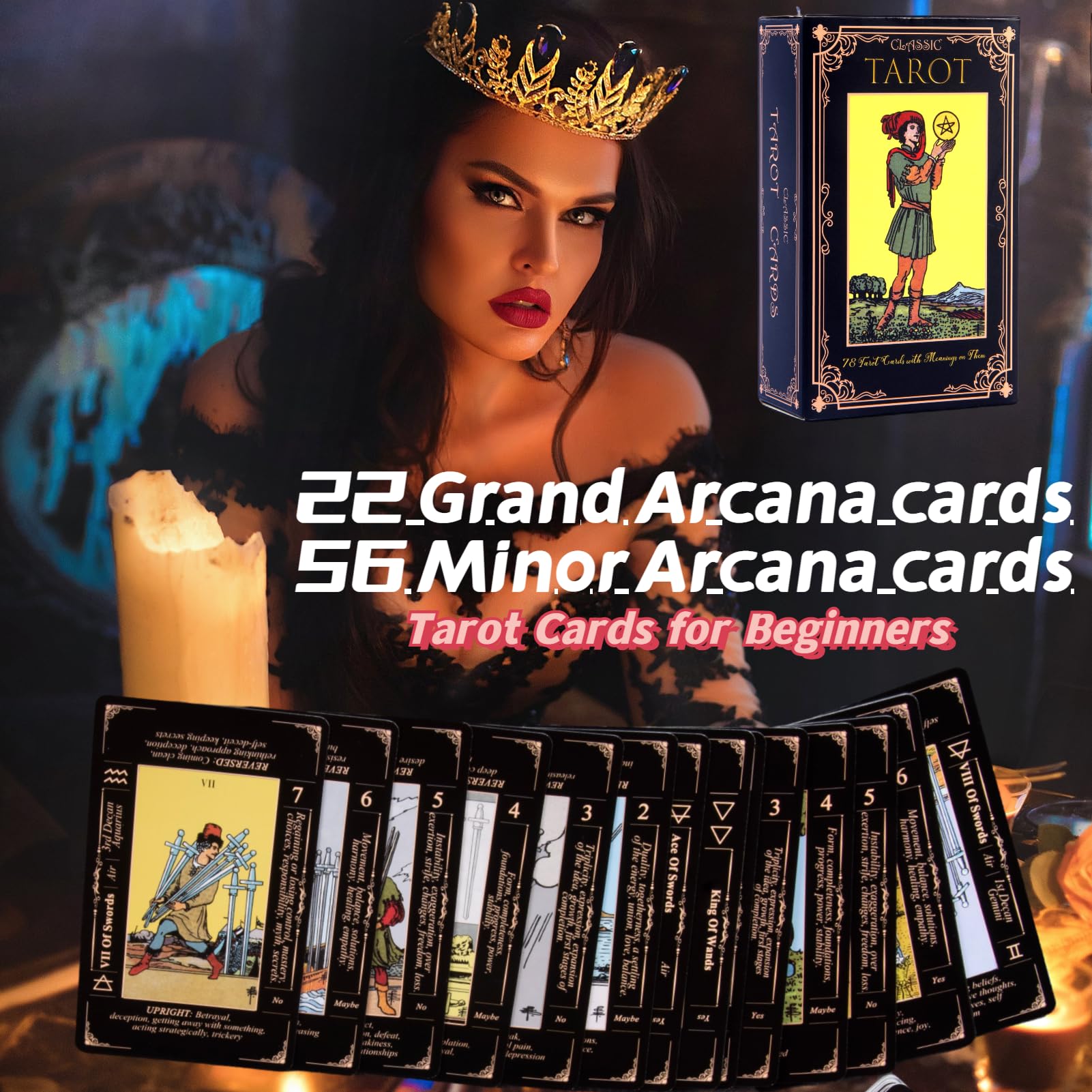 King's palace Rider Waite Tarot Cards for Beginners - 78 Cards with Meanings，Guidebook & Linen Carry Bag Included | Gift Set, Easy to Read | Shuffle-Friendly