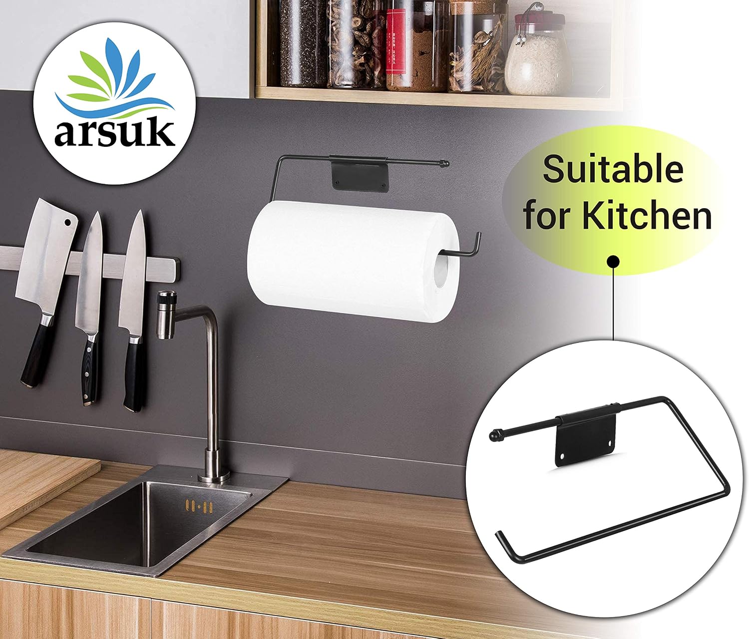 ARSUK Kitchen Paper Towel Holder Black Under Cabinet, Kitchen Roll Holder Wall Mount Design Towel Rack for Bathroom Washroom - Image 3