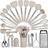 Cooking Utensils Set, 35Pcs Silicone Kitchen Utensils Set with Holder, 446°F Heat Resistant Food Grade Spatula Set, BPA Free Kitchen Gadgets for Non-stick Cookware, Easy to Clean (Khaki)