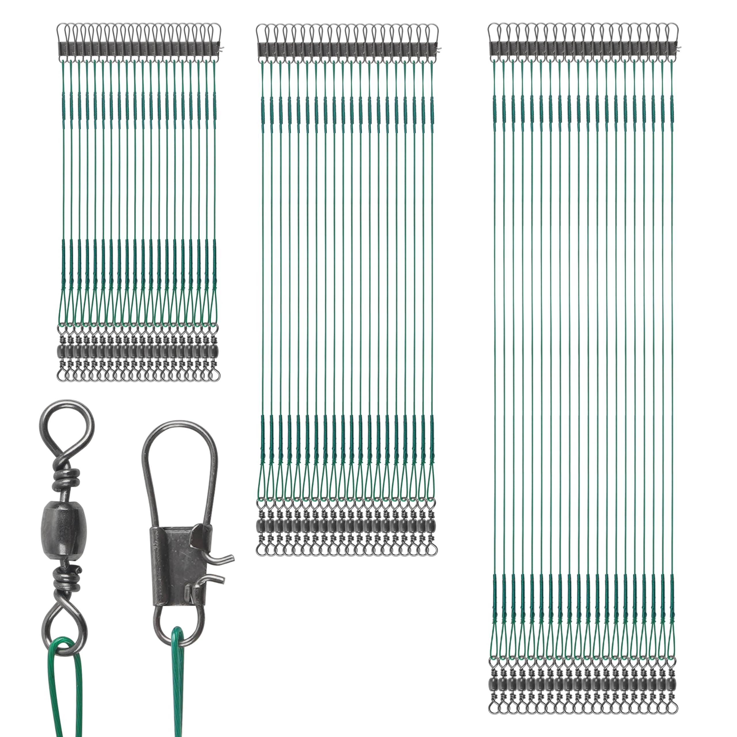 Stainless Steel Fishing Wire Leaders, 60pcs High Strength Fishing Lure Wire Traces with Swivels Snap Anti-bite Leader Rigs for Saltwater Freshwater 15cm 20cm 25cm (Green)