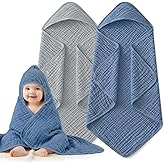 Hooded Baby Bath Towels for Newborn, 2 Pack - 6-Layer 100% Muslin Cotton, Soft Absorbent Baby Towels with Hood for Babies, In