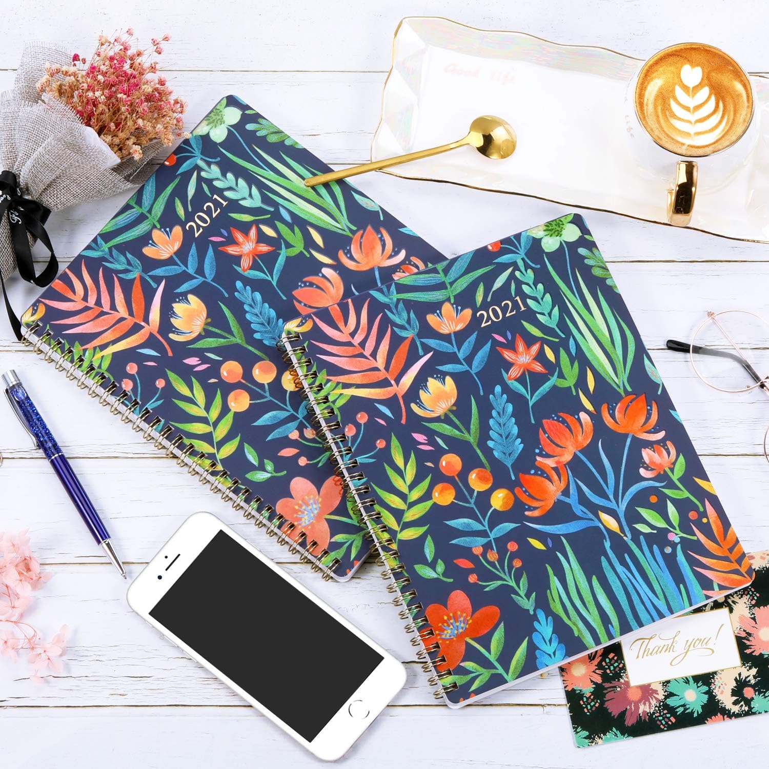 2021 Planner - Weekly & Monthly Planner with Marked Tabs, 8" x 10", Jan. - Dec. 2021, Contacts + Calendar + Holidays, Twin-Wire Binding with Thick Paper - Navy Floral : Office Products
