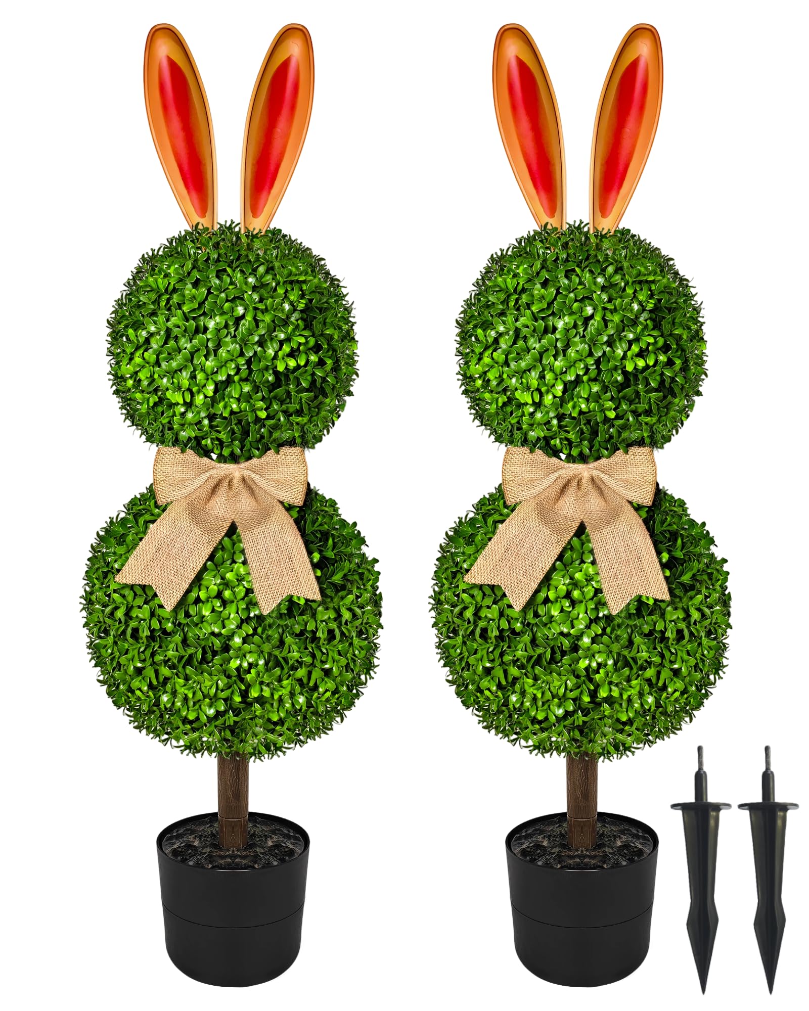 Photo 1 of 2 Pcs Artificial Bunny Topiary 3 Ft Easter Bunny Shaped Topiary Trees Easter Decor Weather Resistant Faux Boxwood Rabbit Plant with Pot & Ground Spike Options for Outdoor Indoor Porch Home Garden