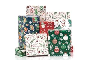 Toptime Christmas Wrapping Paper, 6 Sheets Gift Wrapping Paper with Santa Claus, Gift Boxes, Holly, Cartoon Xmas Wrapping Pap