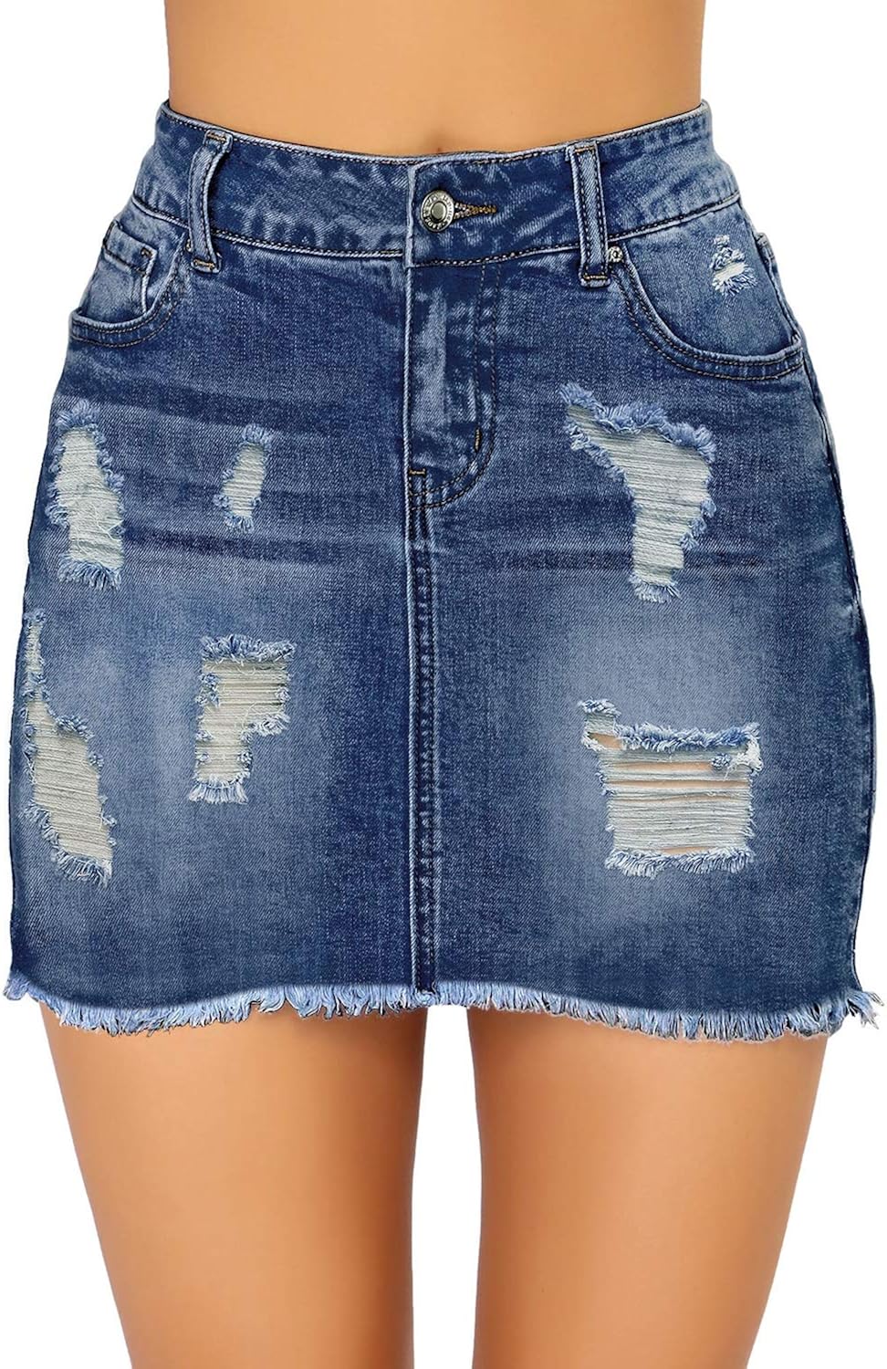 luvamia Women's Casual Mid Waisted Washed Frayed Pockets Denim Jean Short Skirt: Clothing