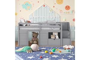 Lyngins Twin Size Loft Bed with Stairs Kids Bed Frame with Storage Shelf, Drawer and Playroom for Girls, Boys, Low Loft Bed with Strong Wood Slats Support, Gray