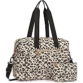Tuwubi Travel Duffel Bag, Puffer Gym Bag for Women Lightweight Weekender Overnight Bags, Carry On Tote For Spirit Airlines Personal Item Bags with Toiletry Pouch (Leopard, M)