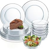 Havawish 18 Pcs Clear Glass Plate and Bowl Sets Dinnerware Set,Round | Glass Dish Set, Dishwasher Safe, Sleek Round, for Kitchen Dining and Parties, Bread and Butter Dinner, Dessert, Salad Plates