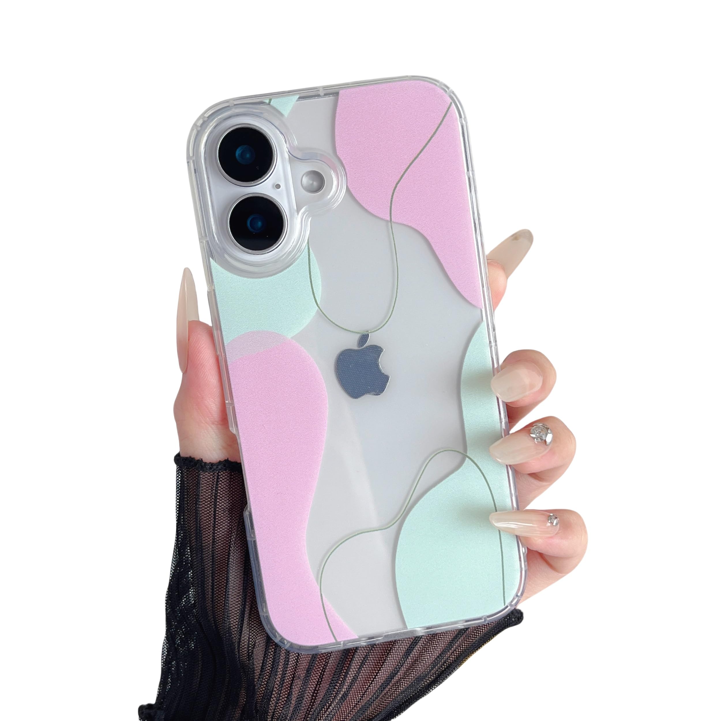 DEFBSC Compatible with iPhone 16 Plus Case, Transparent Color Mix Aesthetic Phone Case Design Soft TPU Bumper Slim Thin Shock-Absorbing Protective Phone Case for iPhone 16 Plus - Green Pink