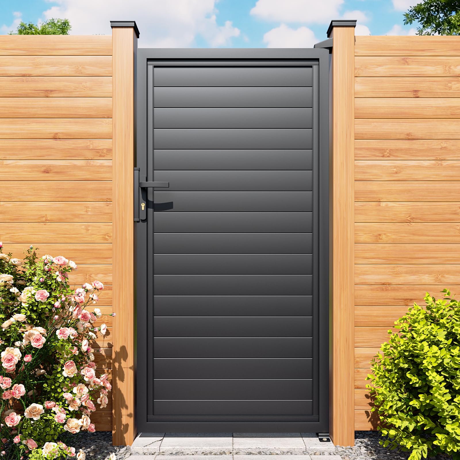 Photo 1 of *****************FOR PARTS ONLY- missing mounting hardware***************
Wqeya H.6ft x W.3ft Aluminum Privacy Gate, Pre-Assembled Panel, Welded No-Sag, Black Outdoor Fence Gate with Lock Kit, AAMA 2604 Finish, for Yard & Pool Entrance (with Top/Bottom H