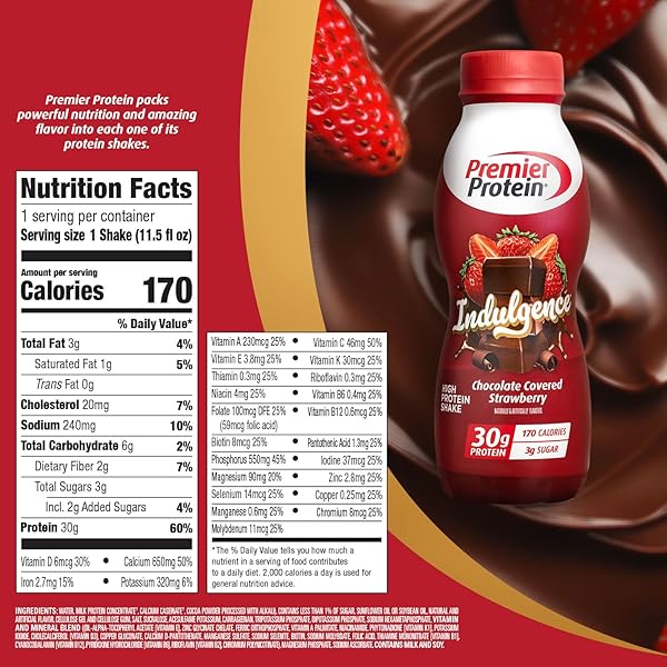 PREMIER PROTEIN SHAKE INDULGENCE, CHOCOLATE COVERED STRAWBERRY, 30G PROTEIN, 170 CALORIES, 3G SUGAR, 11.5 FL OZ, 12 PACK (PACKAGING MAY VARY)